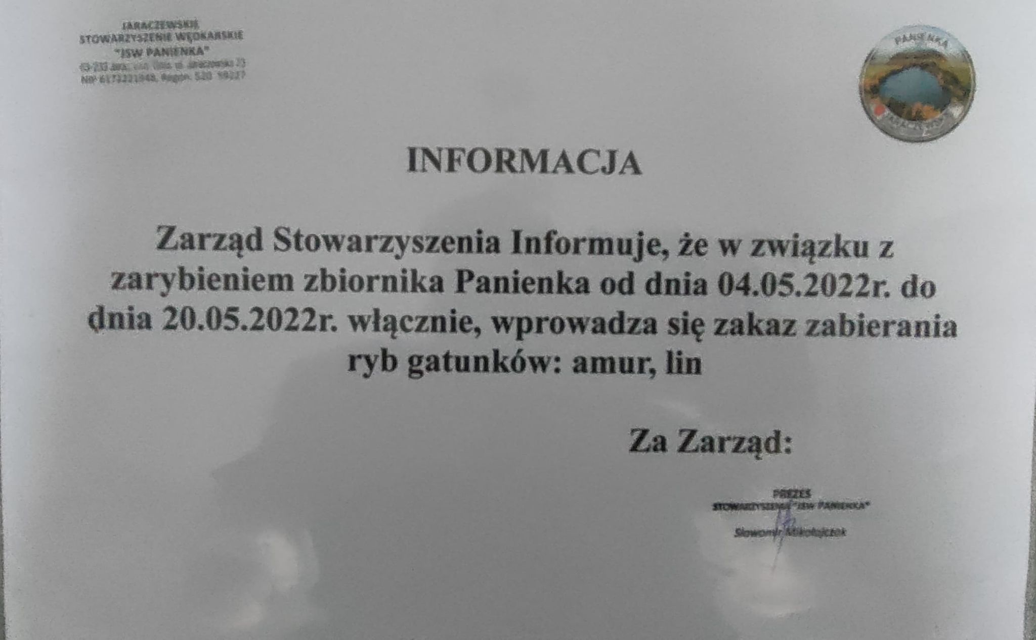 Zarybianie – zakaz zabierania Lina i Amura do 20.05.2022r